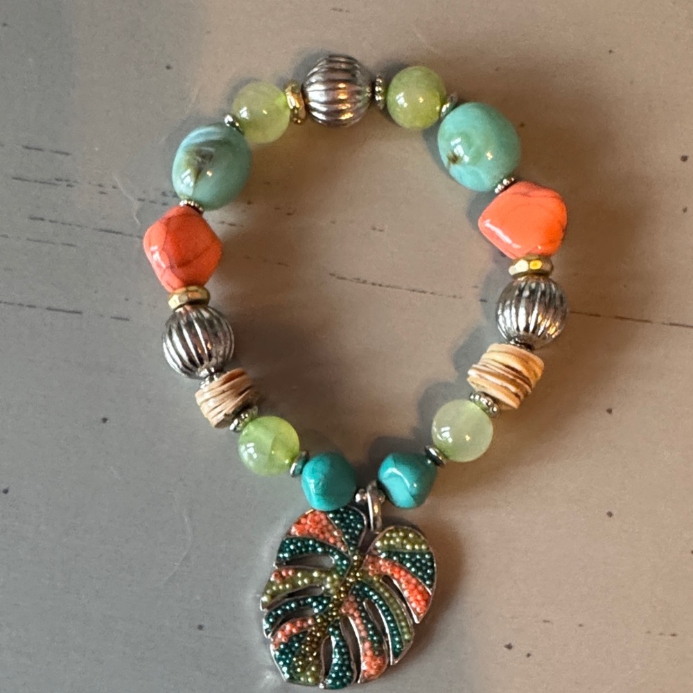 Chico's Turquoise and Orange Beaded Bracelet with Leaf Pendant